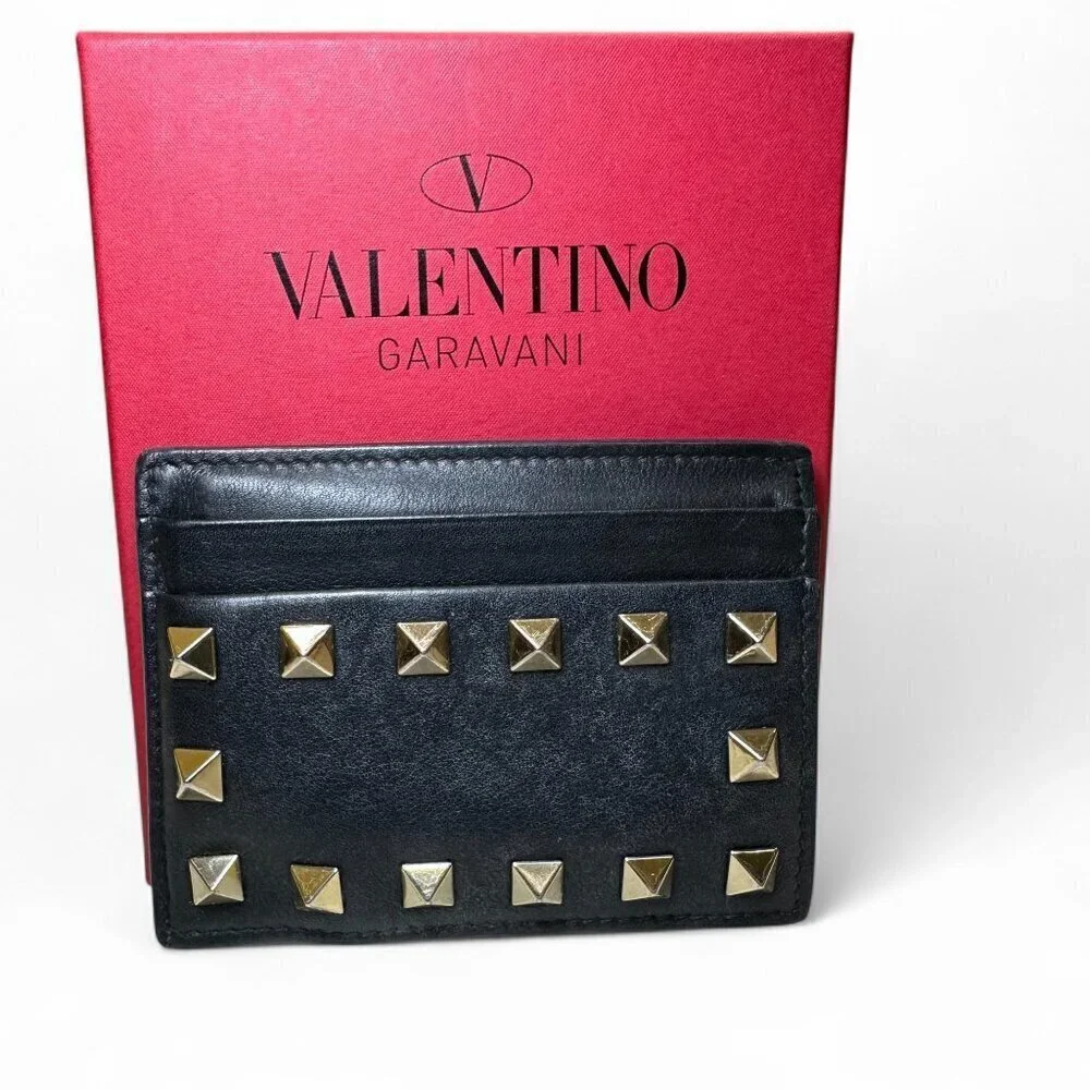 Valentino Garavani Black Rockstud Leather Card Holder Wallet w Extra Studs *USED